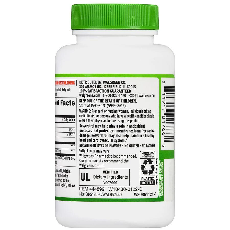 商品Walgreens|Resveratrol 500 mg Softgels (30 days),价格¥209,第4张图片详细描述