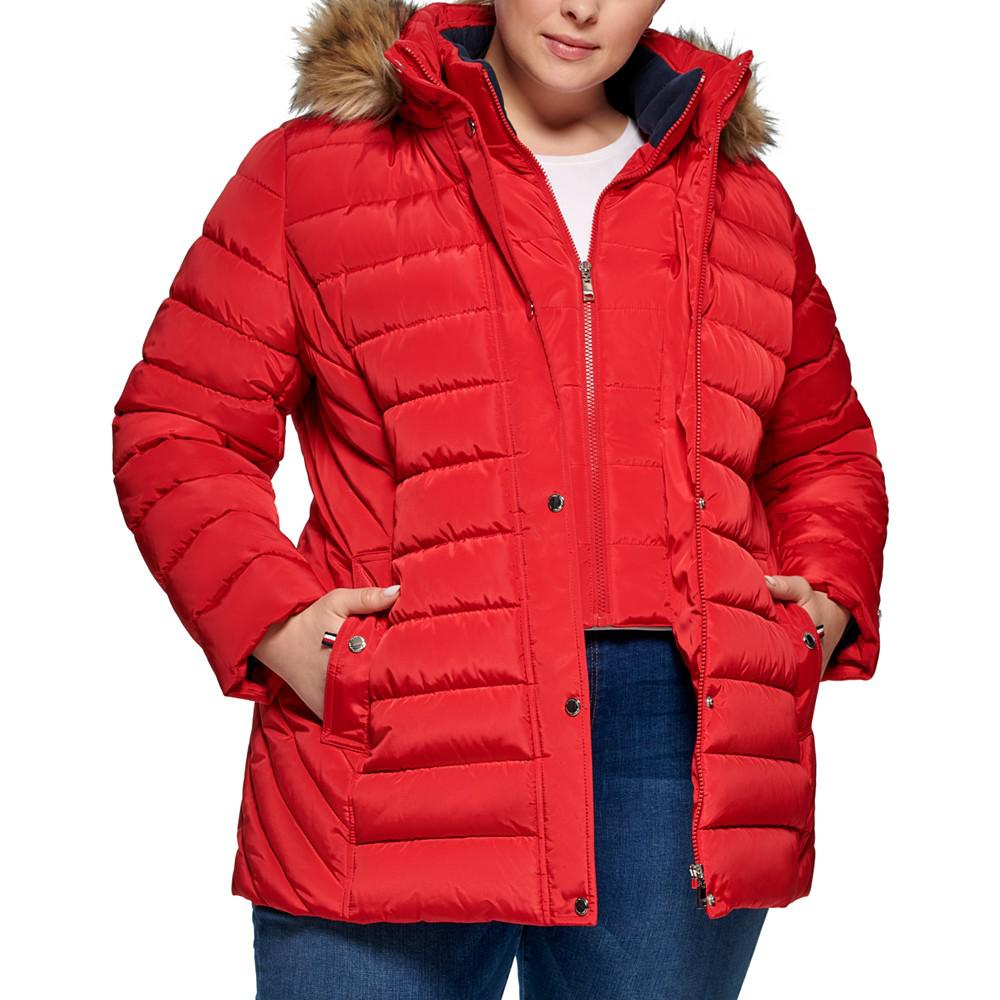 Plus Size Faux-Fur-Trim Hooded Puffer Coat, Created for Macy's商品第1张图片规格展示