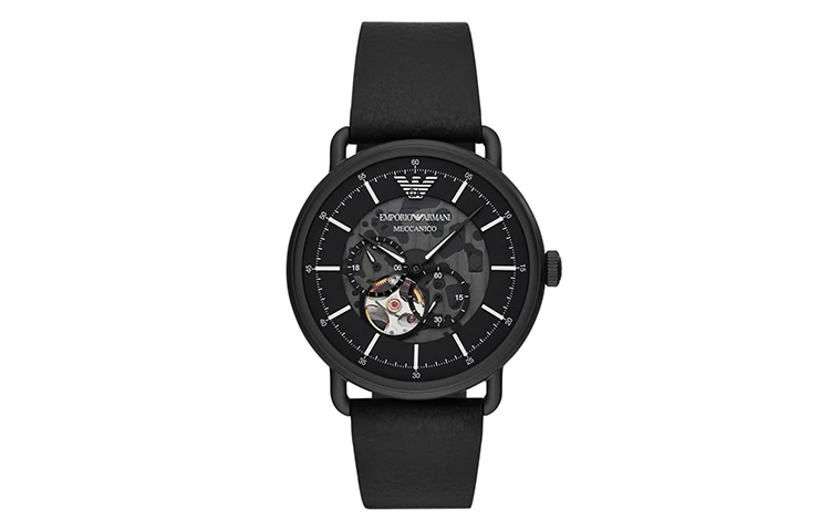 商品[国内直发] Emporio Armani|阿玛尼黑武士系列腕表 机械机芯 皮革表带 黑色表盘 男表 机械之心透窗皮带黑色欧美,价格¥4123,第1张图片