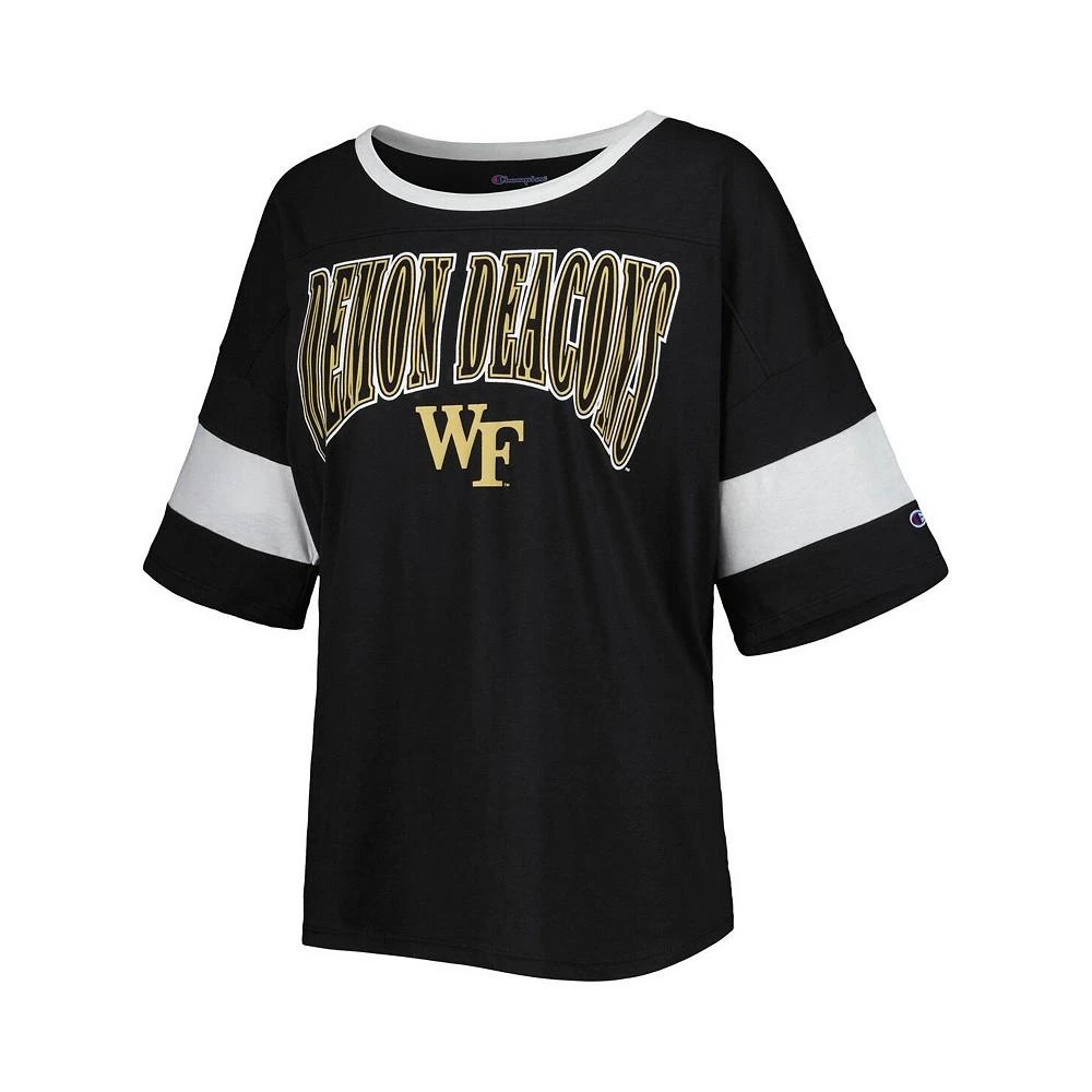 商品CHAMPION|Women's Black Wake Forest Demon Deacons Jumbo Arch Striped Half-Sleeve T-shirt,价格¥240,第2张图片详细描述