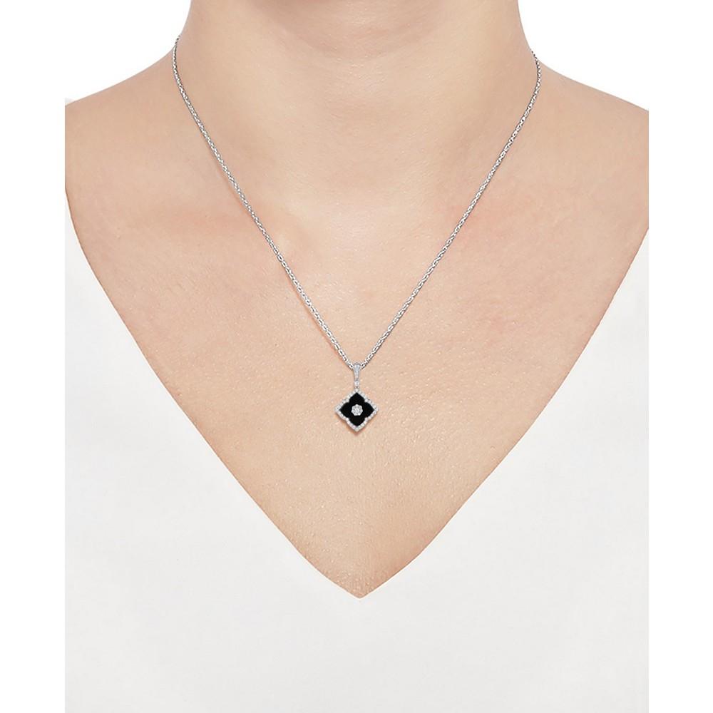 Onyx & Diamond (1/4 ct. t.w.) Flower 18" Pendant Necklace in 14k White Gold商品第2张图片规格展示
