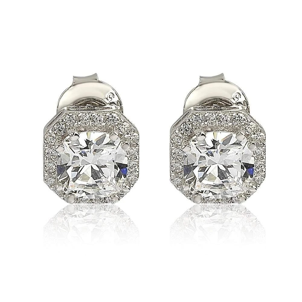 商品Suzy Levian|Sterling Silver White Cubic Zirconia Cushion-Cut Halo Stud Earrings,价格¥839,第1张图片