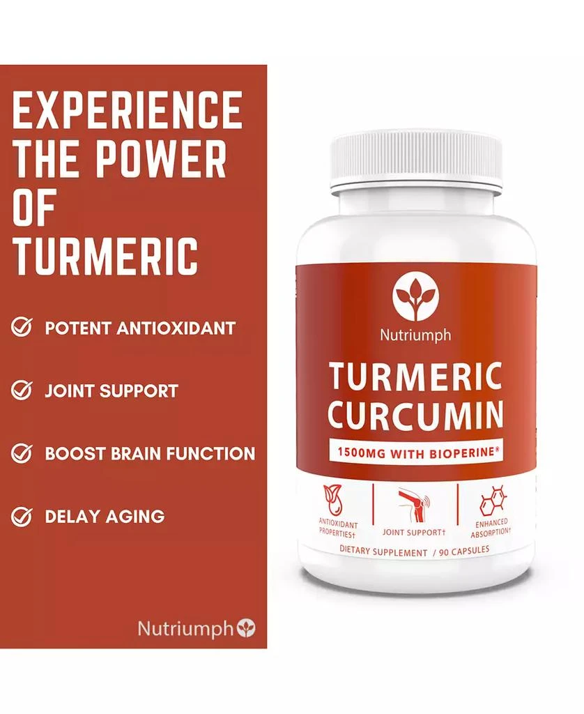 商品Nutriumph|TURMERIC CURCUMIN w/ Bioperine for better absorption - Joint Support & Potent Antioxidant Supplement, Healthy Inflammatory Support High Potency 95% Curcuminoids | 90 capsules,价格¥134,第3张图片详细描述