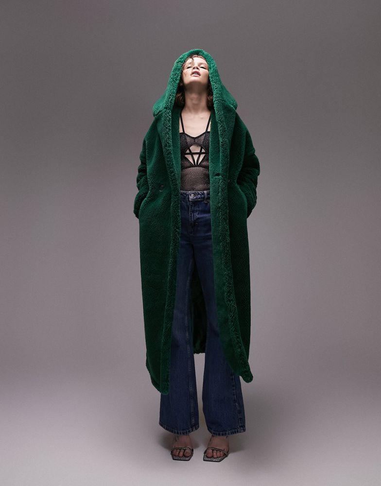 Topshop hooded borg coat in green商品第4张图片规格展示