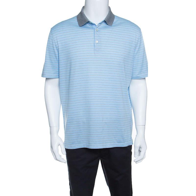 Ermenegildo Zegna Sky Blue Striped Cotton Contrast Collar Polo T-Shirt XXL商品第1张图片规格展示