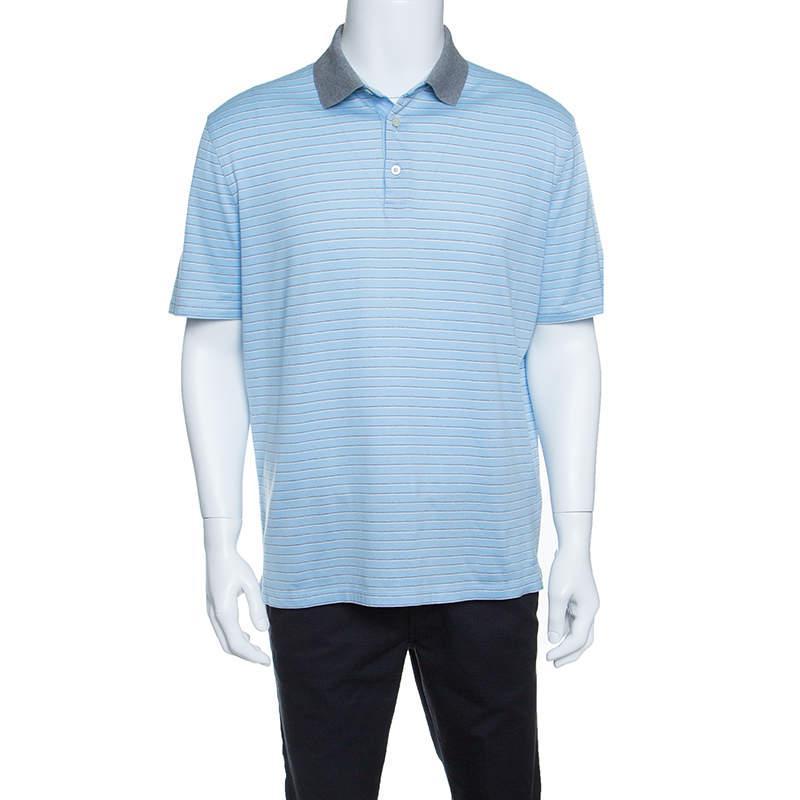 商品[二手商品] Zegna|Ermenegildo Zegna Sky Blue Striped Cotton Contrast Collar Polo T-Shirt XXL,价格¥767,第1张图片