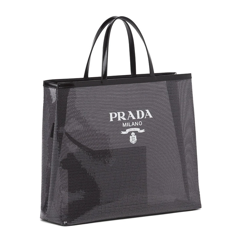商品Prada|【预售3-7天】普拉达 21年秋冬 女士黑色织物材质皮革提手附可拆卸皮革拉链式小袋亮片装饰网眼手提托特包1BG416_2D0A_F0002_V_OOO,价格¥12452,第5张图片详细描述