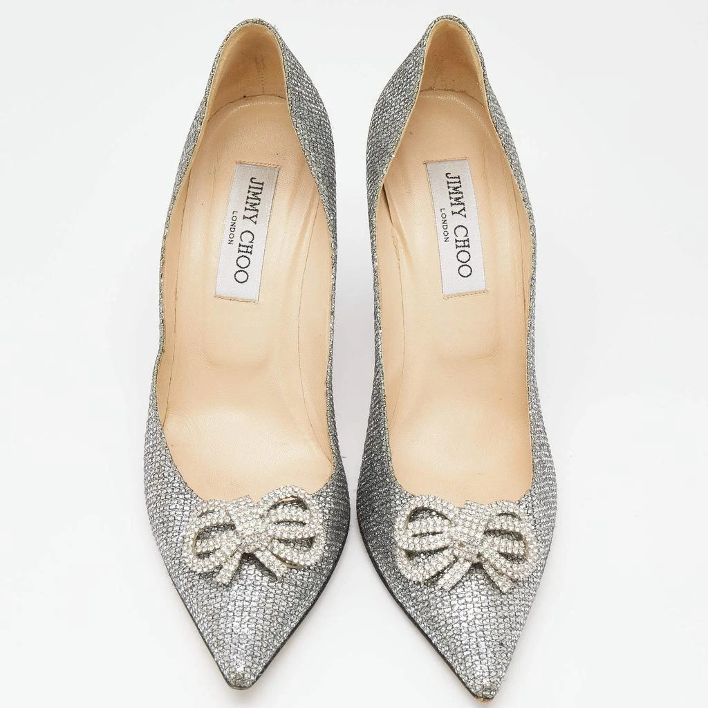 商品[二手商品] Jimmy Choo|Jimmy Choo Silver Glitter Crystal Bow Samba Pointed Toe Pumps Size 39,价格¥3443,第3张图片详细描述