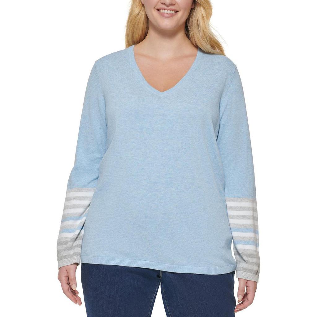Tommy Hilfiger Womens Plus V-Neck Striped Pullover Sweater商品第1张图片规格展示
