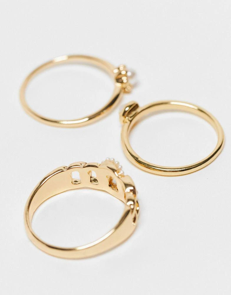 商品DesignB London Curve|DesignB London Curve pack of 3 pearl rings in gold,价格¥99,第2张图片详细描述