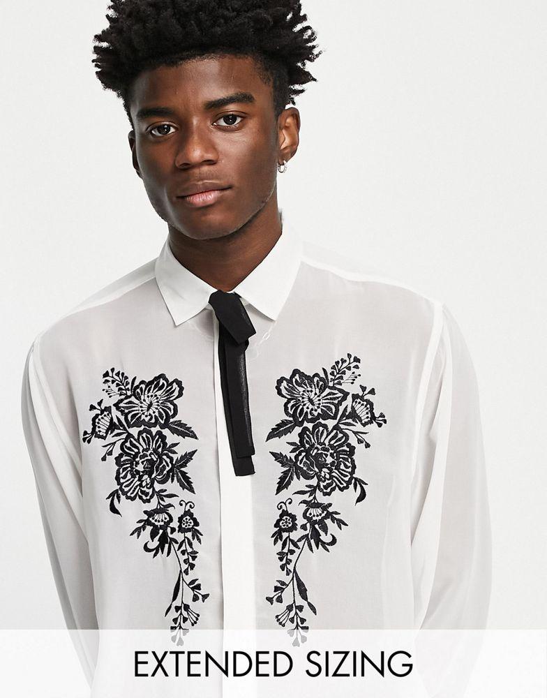 ASOS DESIGN relaxed shirt with chest embroidery and tie neck商品第1张图片规格展示