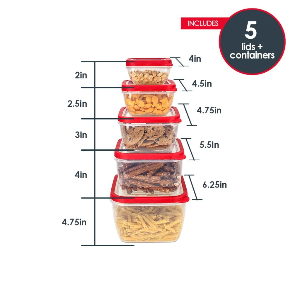 商品Home Basics|Home Basics 5 Piece Spill-Proof Square Plastic Food Storage Container with Ventilated, Snap-On Lids, Red,价格¥131,第4张图片详细描述