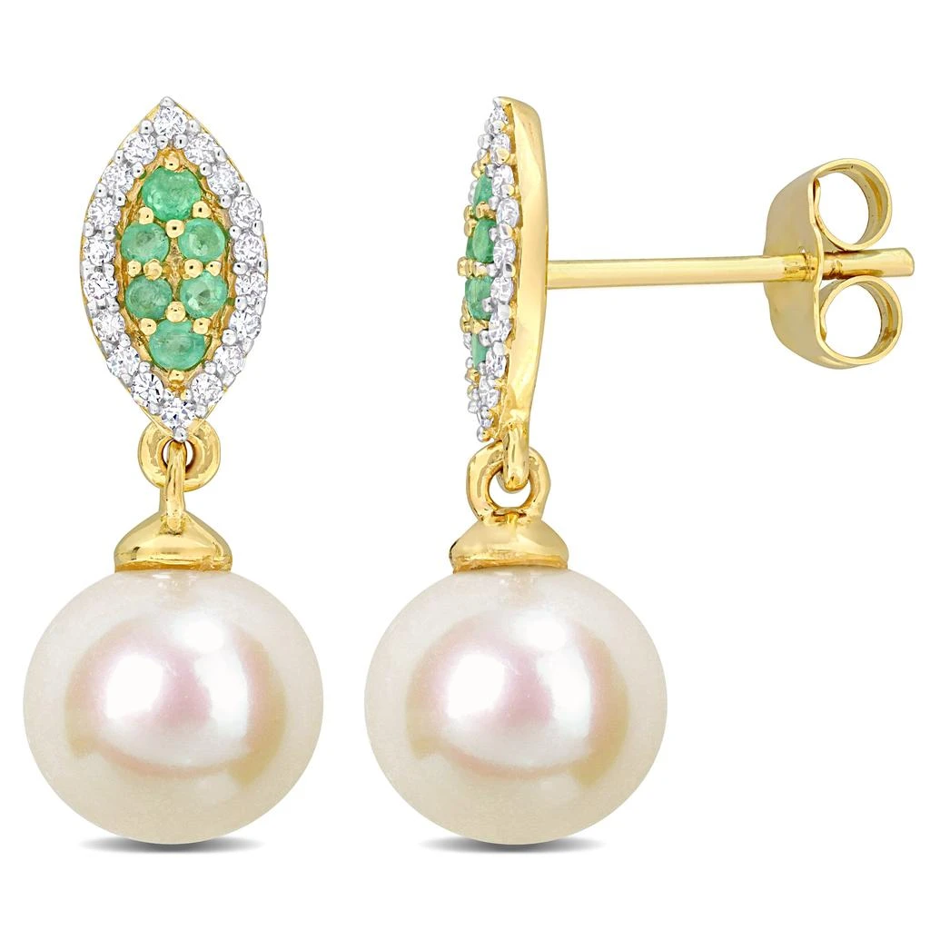 商品Mimi & Max|8mm Cultured Freshwater Pearl 1/7ct TDW Diamond 1/6ct TGW Emerald Marquise Earrings 14k Yellow Gold,价格¥3018,第1张图片