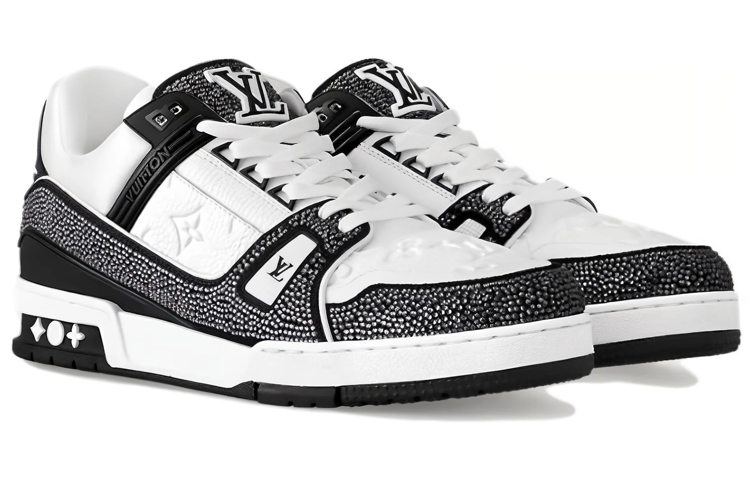 商品[国内直发] Louis Vuitton|Trainer 皮革 水晶 平底低帮系带 时尚板鞋 男女同款 黑白色,价格¥43341,第3张图片详细描述