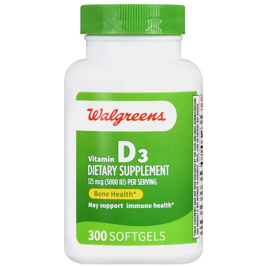 商品Walgreens|Vitamin D3 125 mcg (5000 IU) Softgels,价格¥148,第2张图片详细描述