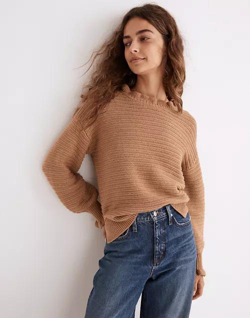 Ruffle-Neck Pullover Sweater in Cotton-Merino Yarn商品第1张图片规格展示