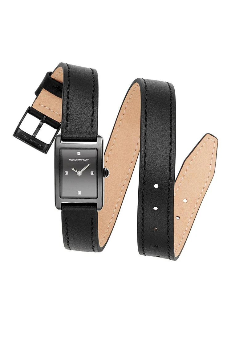 商品Rebecca Minkoff|Moment黑色离子镀配皮表带腕表，19x30MM,价格¥555,第1张图片