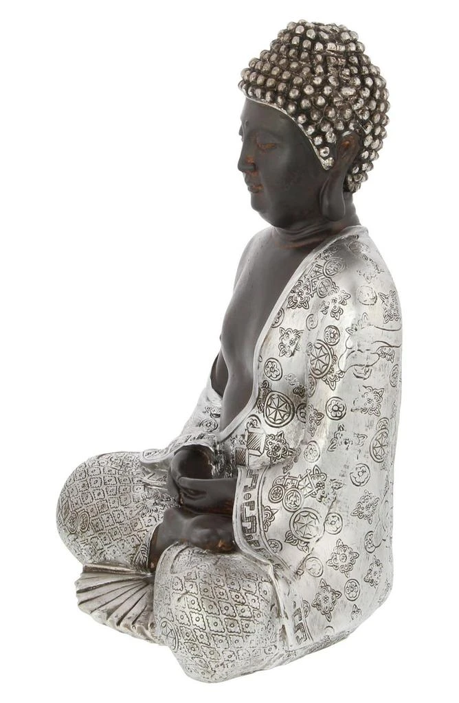 Silvertone Polystone Bohemian Buddha Sculpture with Engraved Carvings and Relief Detailing 商品