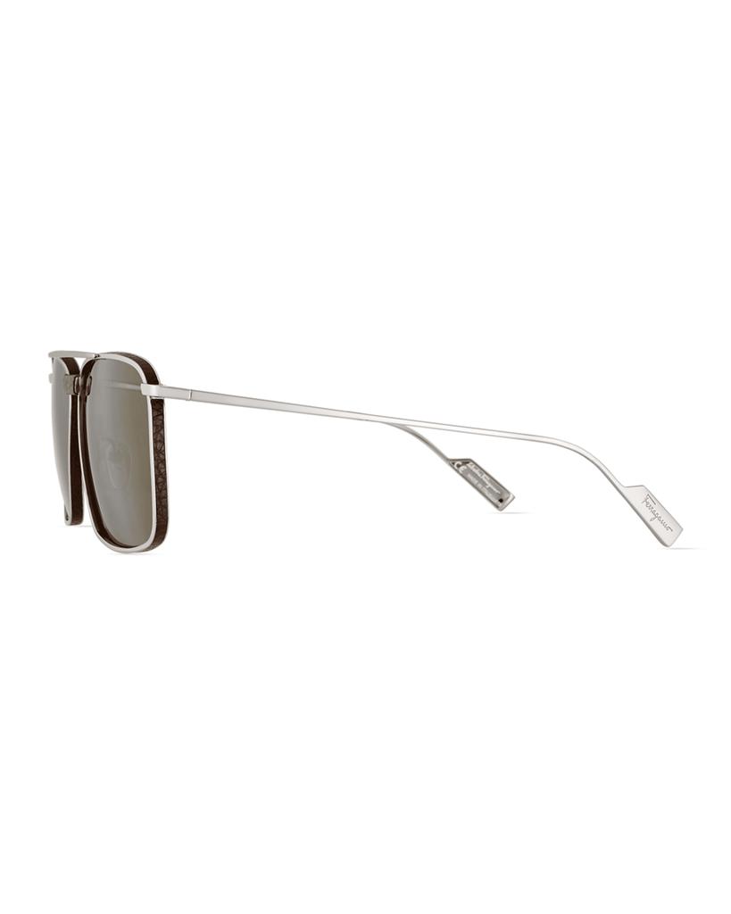 Men's Metal/Leather Square Aviator Sunglasses商品第3张图片规格展示