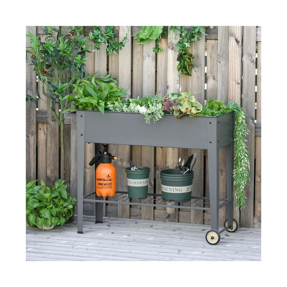 商品Outsunny|Elevated Plant Bed w/ Drainage Hole & Bottom Shelving for Tools, Grey,价格¥754,第2张图片详细描述