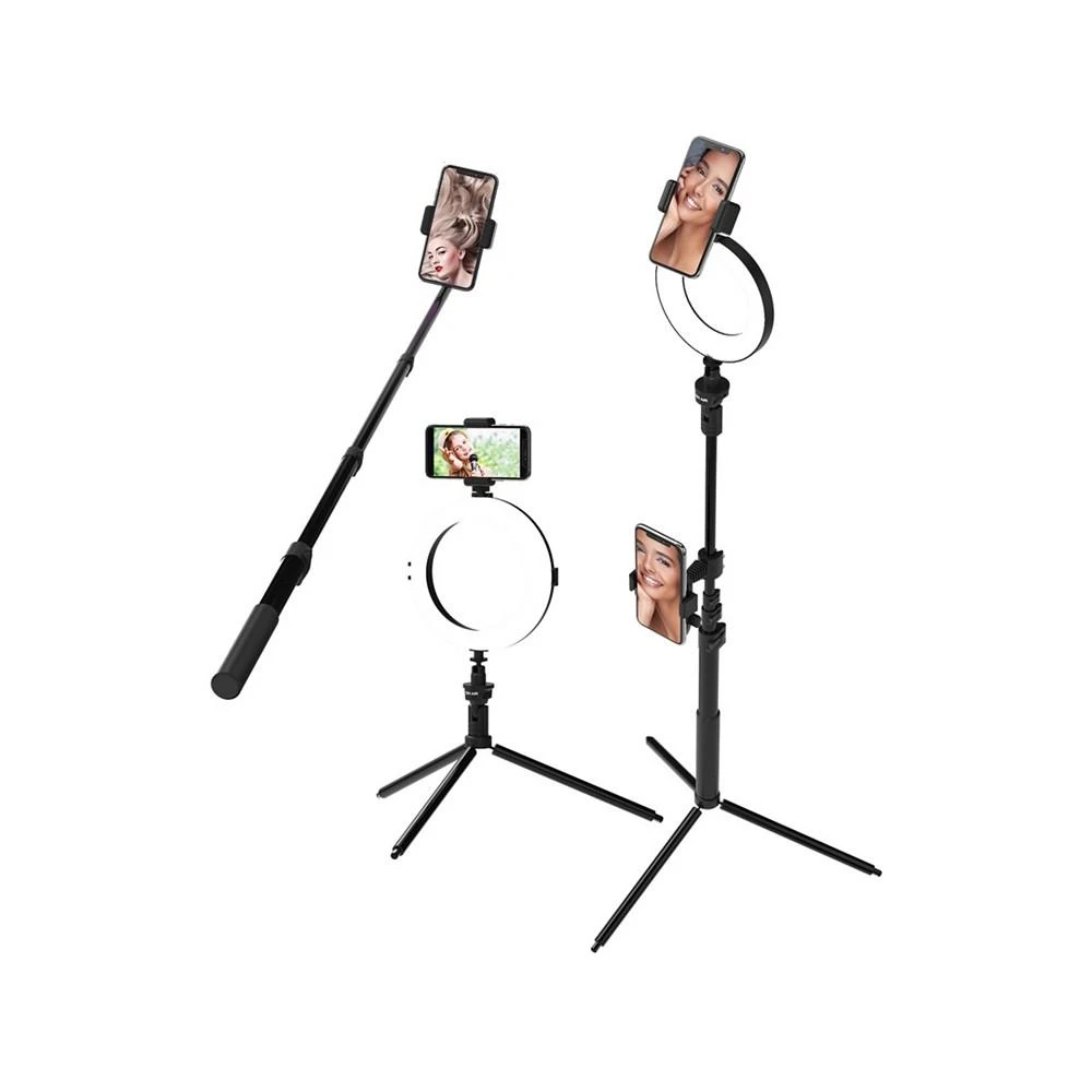 商品Tzumi|OnAir Multi-Media Station, Dual Phone Tripod Stand With 8" LED Ring Light and Selfie Stick Perfect for Podcasting Vlogging and YouTube,价格¥228,第2张图片详细描述
