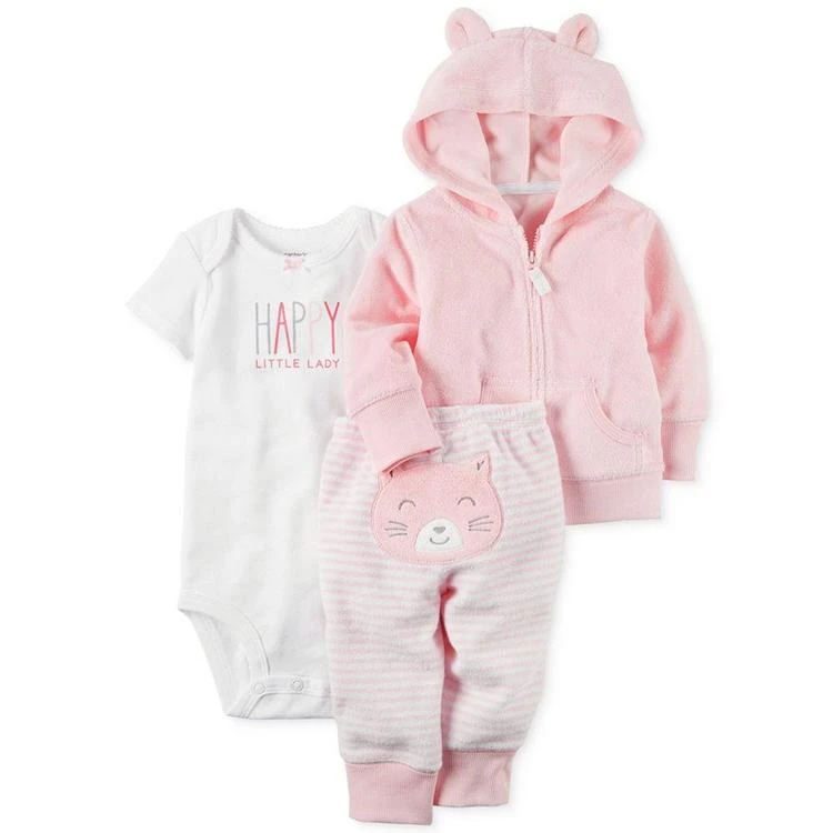 商品Carter's|3-Pc. Hoodie, Happy Bodysuit & Cat Pants Set, Baby Girls,价格¥98,第1张图片