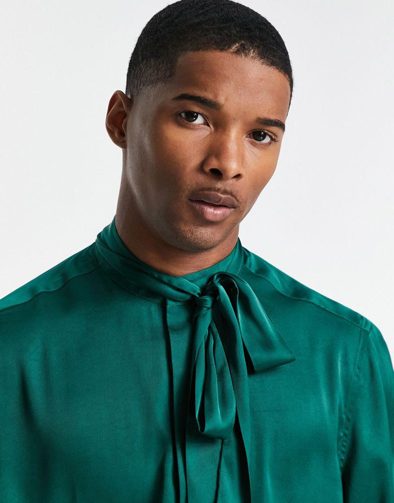 ASOS DESIGN satin shirt with tie neck and blouson volume sleeve in jewel green商品第4张图片规格展示