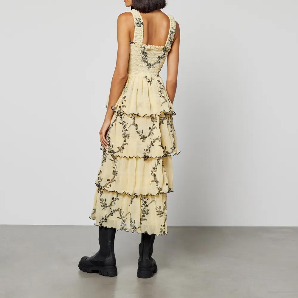 Ganni Floral-Printed Smocked Crinkled Georgette Tiered Midi Dress