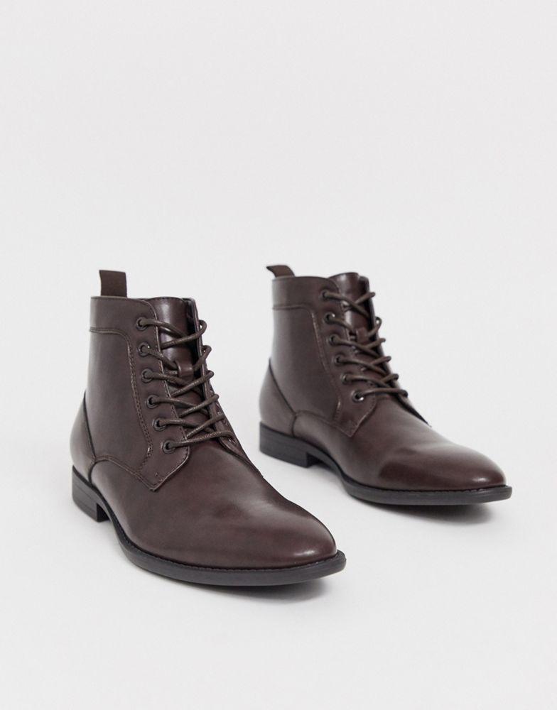 ASOS DESIGN lace up boots in brown faux leather - BROWN商品第4张图片规格展示