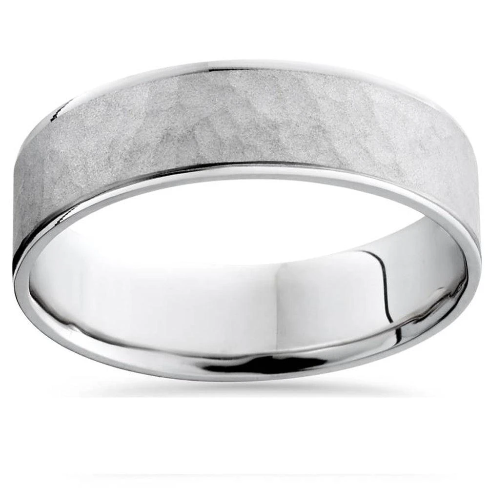 商品Pompeii3|Mens 10k White Gold Hammered Comfort Fit Wedding Band Ring Size Selectable,价格¥2959,第1张图片