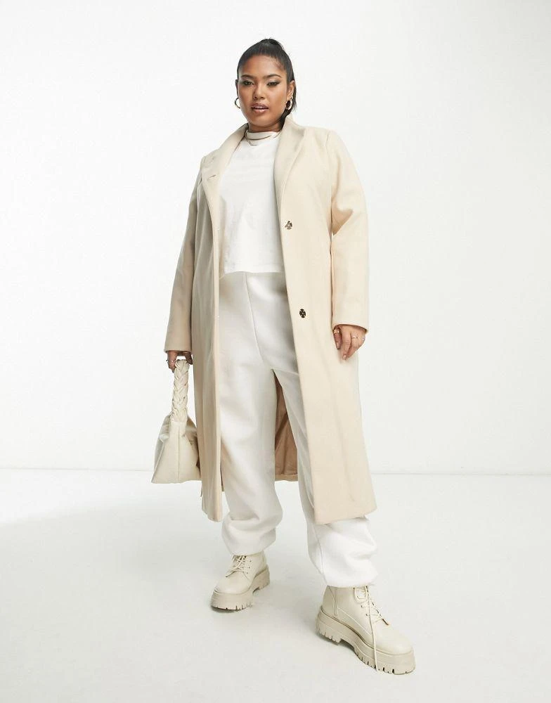 商品River Island Plus|River Island Plus belted funnel neck coat in cream,价格¥533,第3张图片详细描述