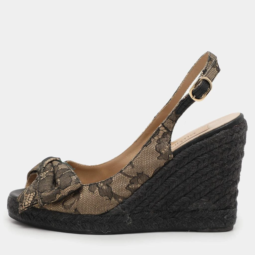 商品[二手商品] Valentino|Valentino Black/Beige Lace Bow Slingback Wedge Espadrille Sandals Size 36.5,价格¥1547,第1张图片
