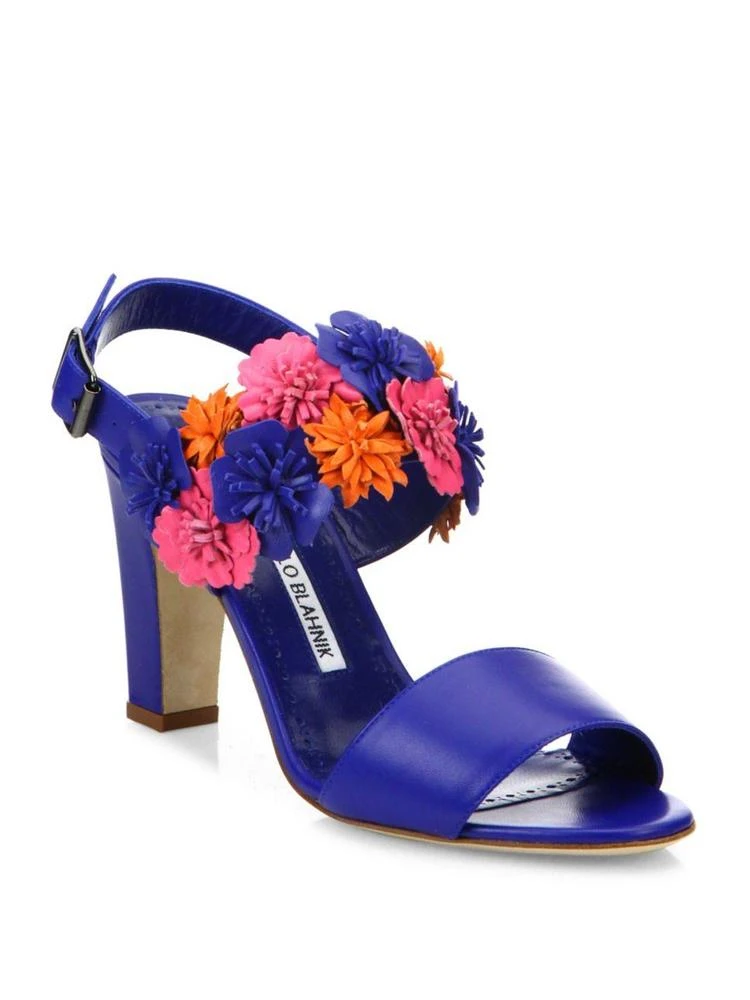 商品Manolo Blahnik|Khanfior 90 Flower Leather Slingback Sandals,价格¥2687,第1张图片