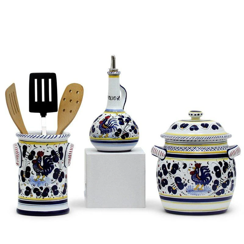 商品Artistica - Deruta of Italy|Orvieto Blue Rooster: Bundle With Utensil Holder + Olive Oil Dispenser + Biscotti Jar,价格¥4036,第1张图片