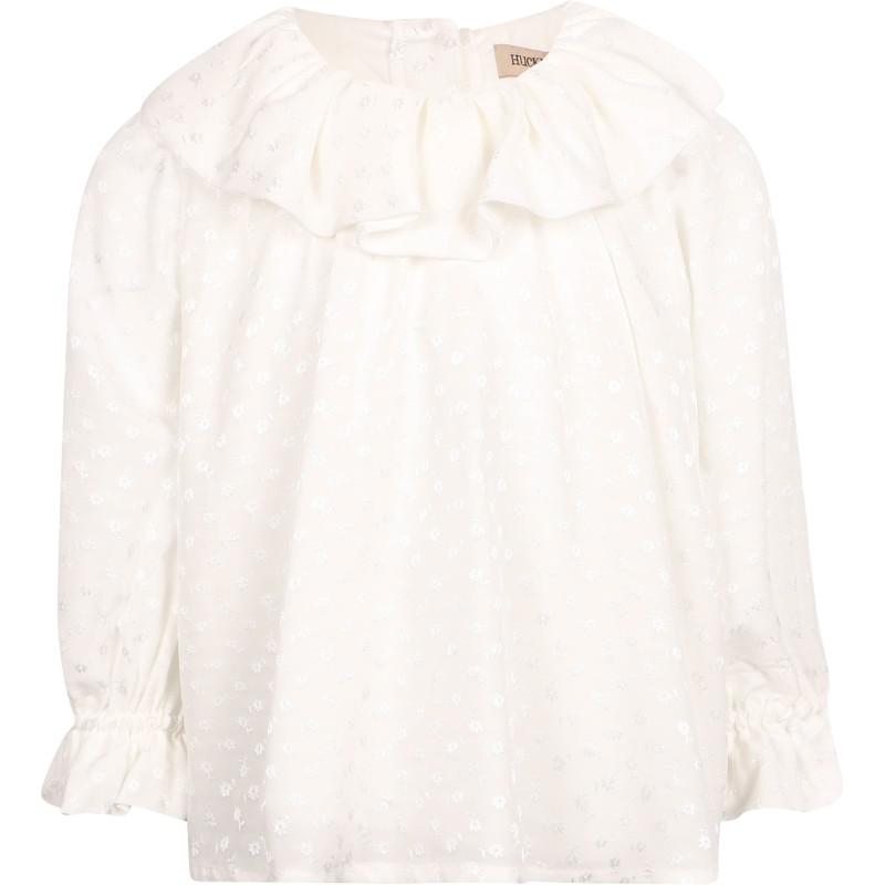 Embroidered flowers ruffled collar blouse and relaxed trousers set in white and blue商品第2张图片规格展示