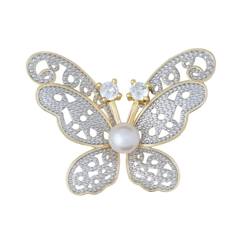 商品Macy's|Cultured Freshwater Pearl (6mm) & Cubic Zirconia Butterfly Pin in Sterling Silver & 18k Gold-Plate,价格¥797,第1张图片