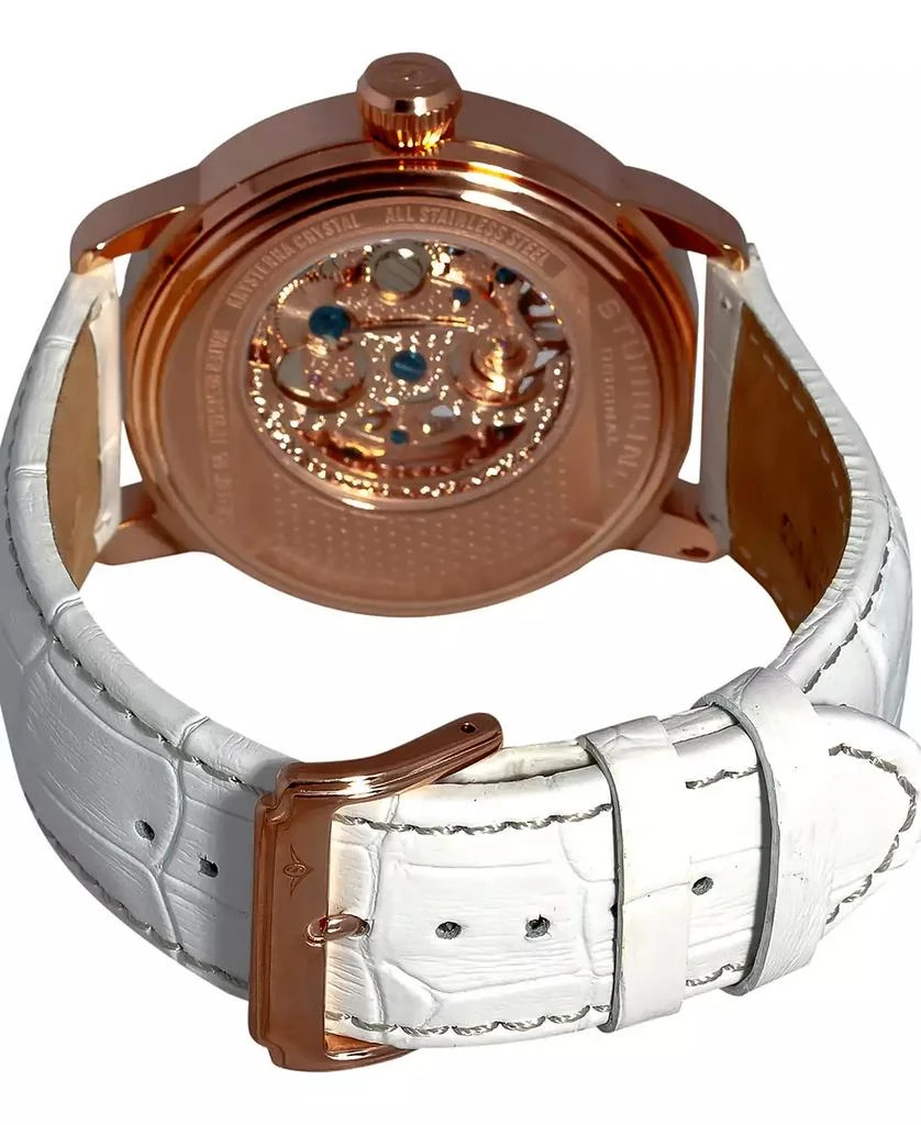 商品Stuhrling|Stainless Steel Rose Tone Case on White Perforated Alligator Embossed Genuine Leather Strap with Gray Contrast Stitching, Silver Skeletonized Dial, with Rose Tone Accents,价格¥1699,第2张图片详细描述