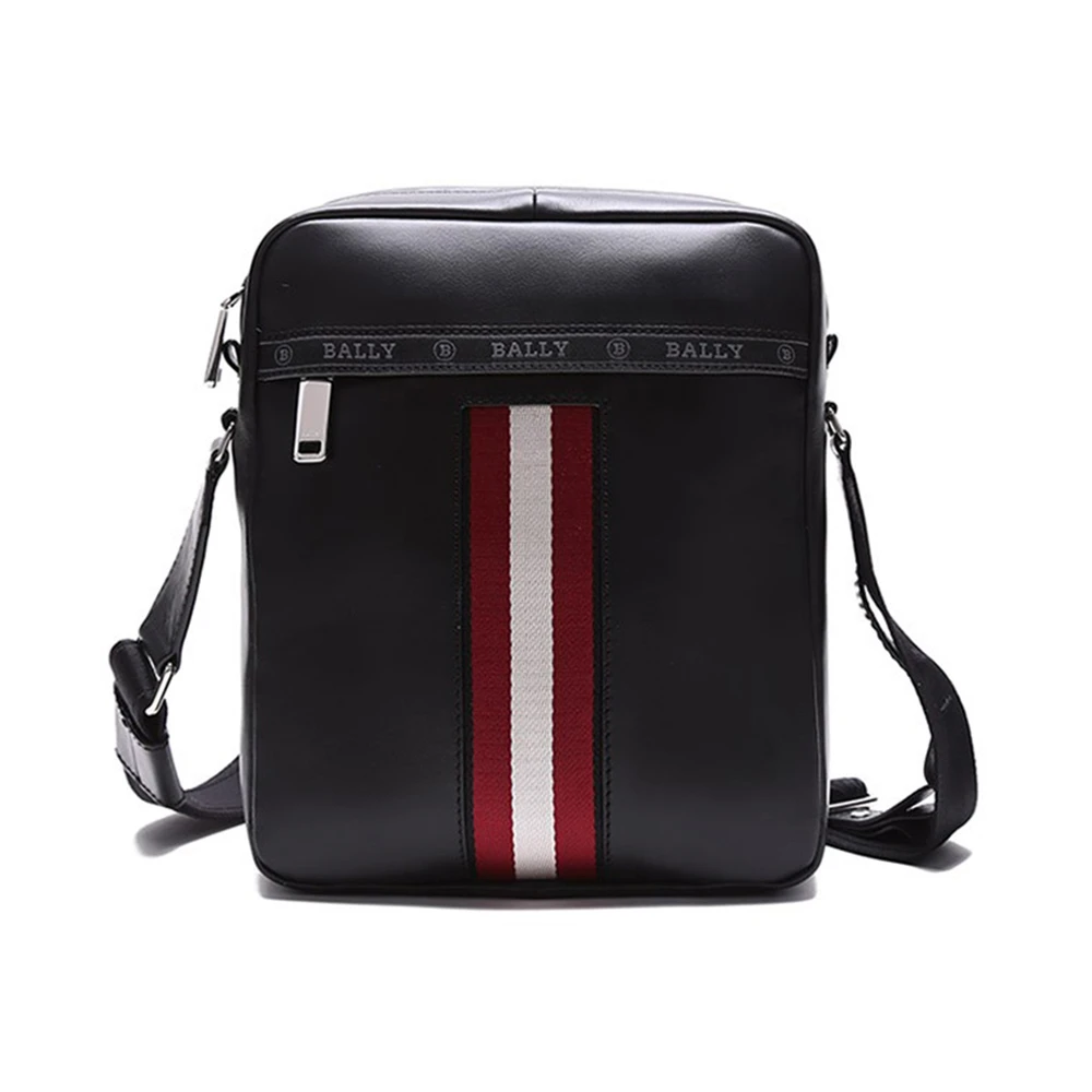 商品Bally|BALLY 男士黑色牛皮单肩斜挎包邮差包黑色红白条纹 6240274,价格¥3704,第1张图片