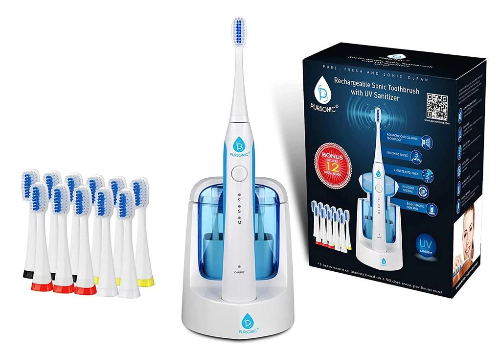 商品PURSONIC|Sonic SmartSeries Electronic Power Rechargeable Battery Toothbrush with UV Sanitizing Function,  Includes 12 Brush Heads,WHITE,价格¥321,第1张图片