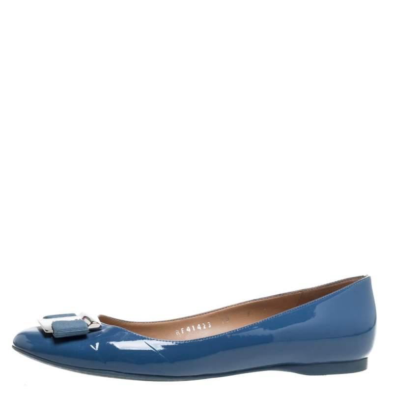 商品[二手商品] Salvatore Ferragamo|Salvatore Ferragamo Blue Patent Leather Ninna Kangaroo Bow Ballet Flats Size 38.5,价格¥1178,第4张图片详细描述