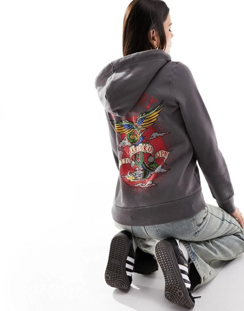 商品Superdry|Superdry tattoo rhinestone zip hoodie in Charcoal Grey,价格¥728,第1张图片