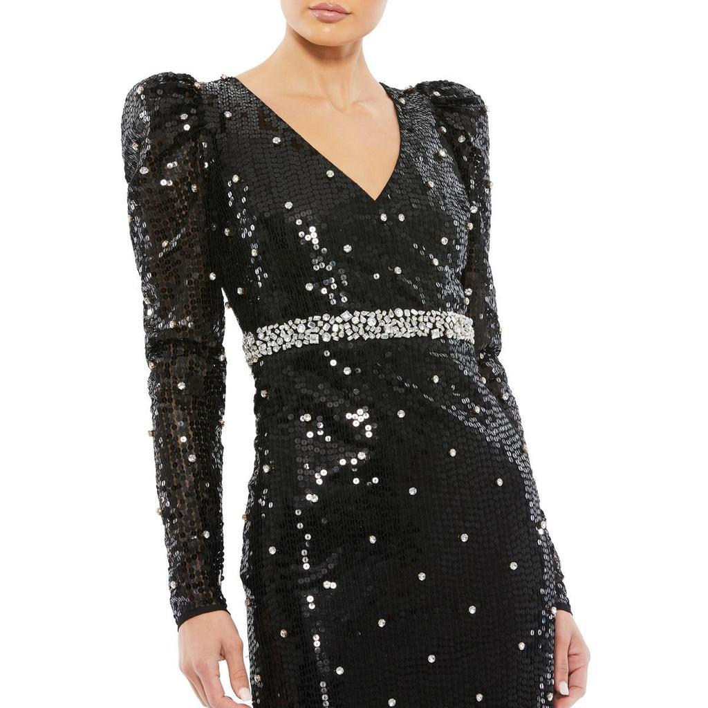商品Mac Duggal|Mac Duggal Women's Sequined Puff Sleeve V-Neck High Slit Gown,价格¥2125,第5张图片详细描述