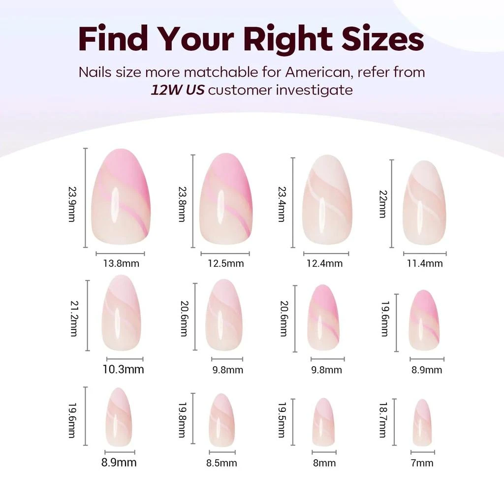 Pink Wave - 24 Fake Nails 12 Sizes Short Almond Press on Nails Kit 商品