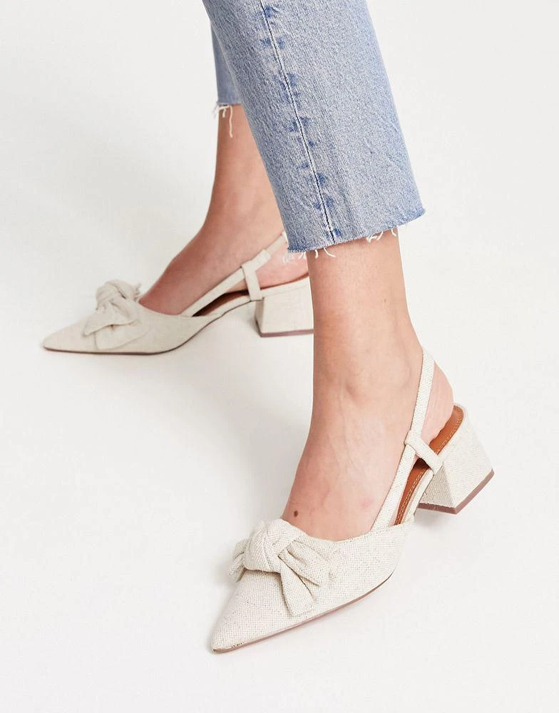 商品ASOS|ASOS DESIGN Saidi bow slingback mid heeled shoes in natural fabrication,价格¥298,第3张图片详细描述