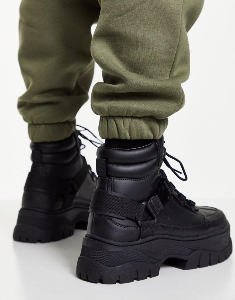 商品ASOS|ASOS DESIGN lace up boots in black faux leather with chunky sole,价格¥330,第4张图片详细描述