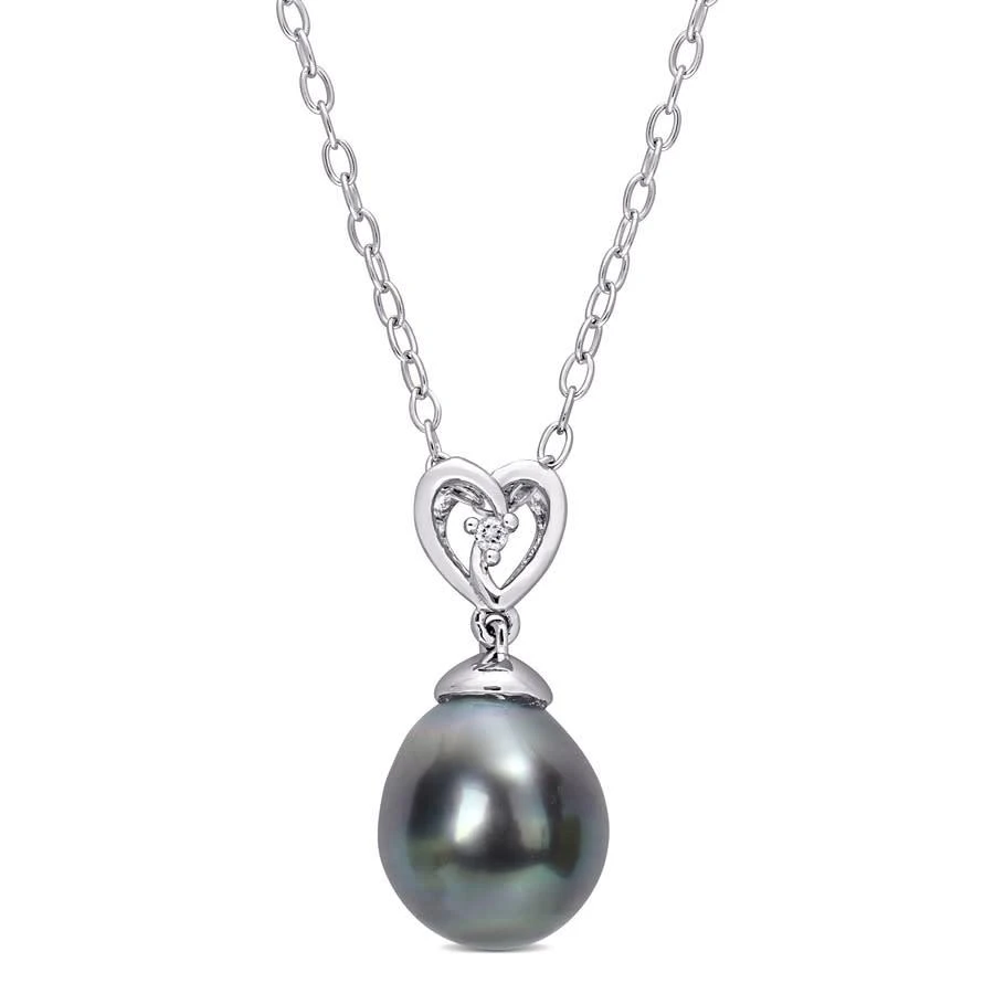 商品Amour|8-9mm Black Tahitian Cultured Pearl and White Topaz Heart Drop Pendant with Chain In Sterling Silver,价格¥446,第1张图片