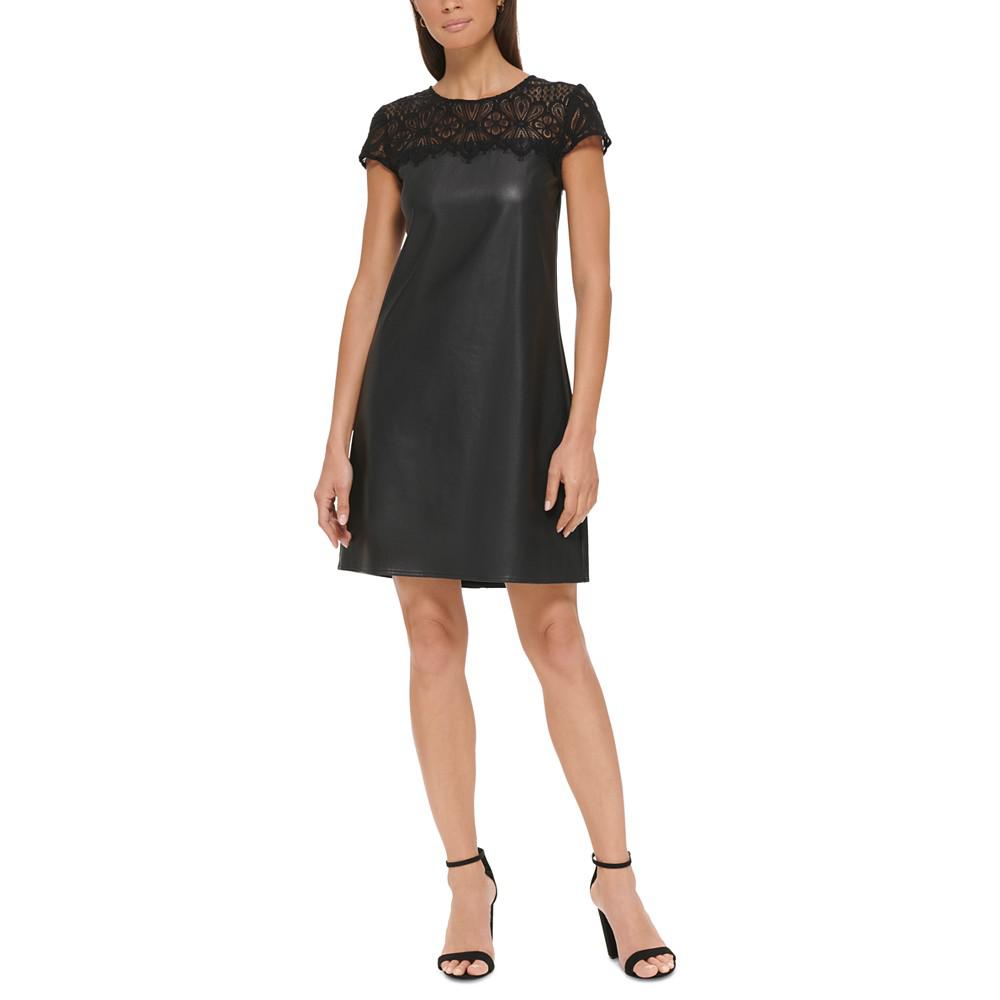Women's Lace-Trim Faux-Leather Shift Dress商品第1张图片规格展示