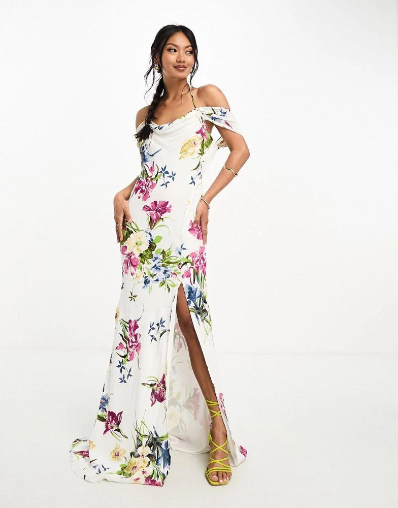 商品ASOS|ASOS DESIGN cap sleeve strappy open back bias maxi dress in white based floral print,价格¥195,第1张图片