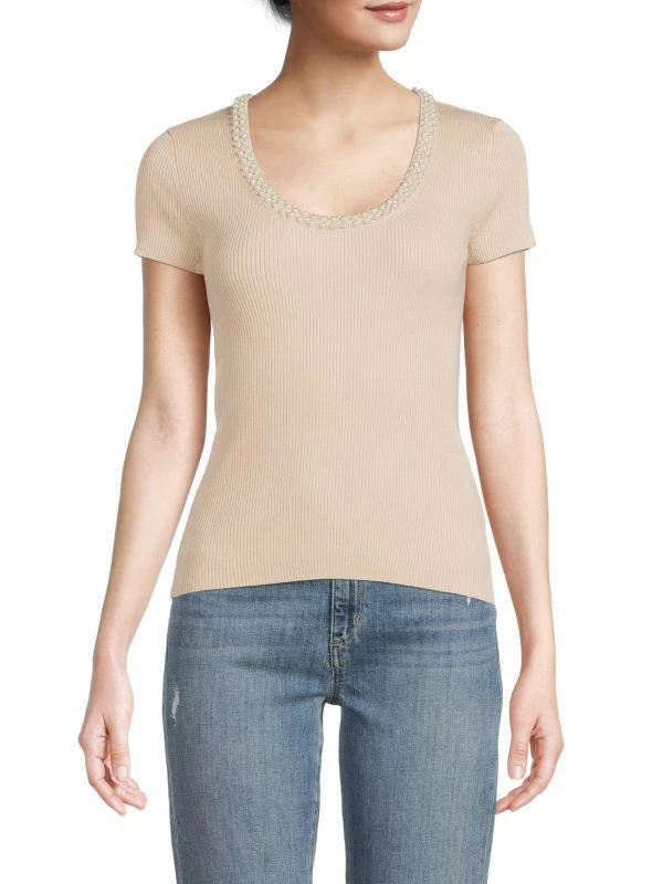 商品Tahari|Faux Pearl Embellished Ribbed Top,价格¥150,第1张图片