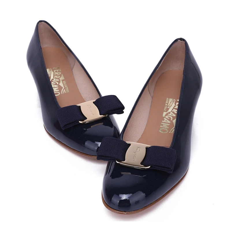 Salvatore Ferragamo 菲拉格慕 女士深蓝色牛皮蝴蝶结粗跟低跟鞋 0531284-NP-C-O-BL 商品